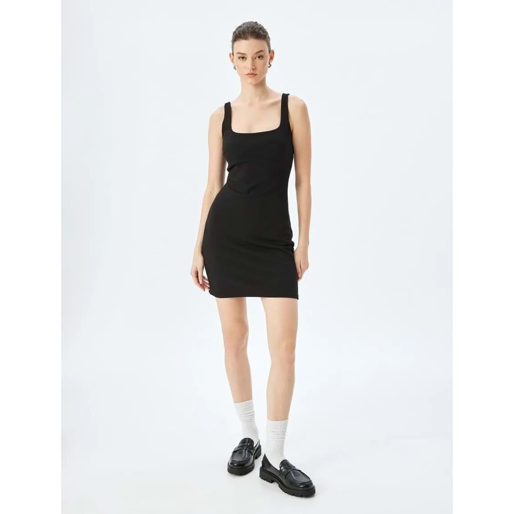 U Yaka Slim Fit Askılı Mini Elbise 5SAK80019EK - KOTON - SİYAH - M