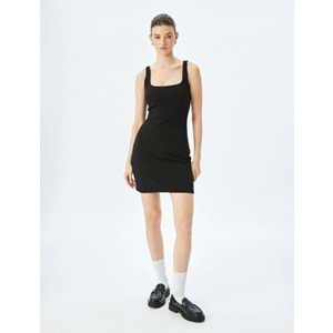 U Yaka Slim Fit Askılı Mini Elbise 5SAK80019EK - KOTON - SİYAH - M
