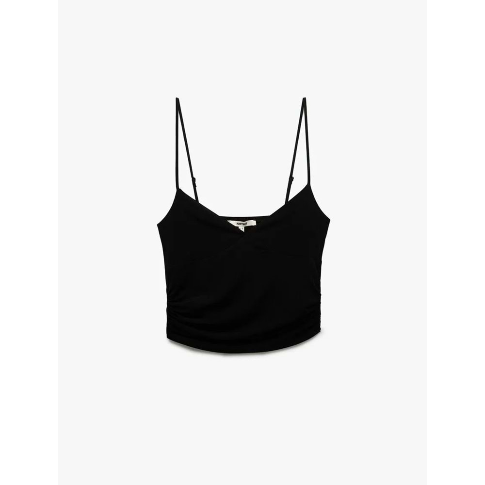 Skinny Fit Drapeli V Yaka İnce Askılı Bluz 5SAK10035EK - KOTON - SİYAH - L