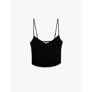 Skinny Fit Drapeli V Yaka İnce Askılı Bluz 5SAK10035EK - KOTON - SİYAH - L