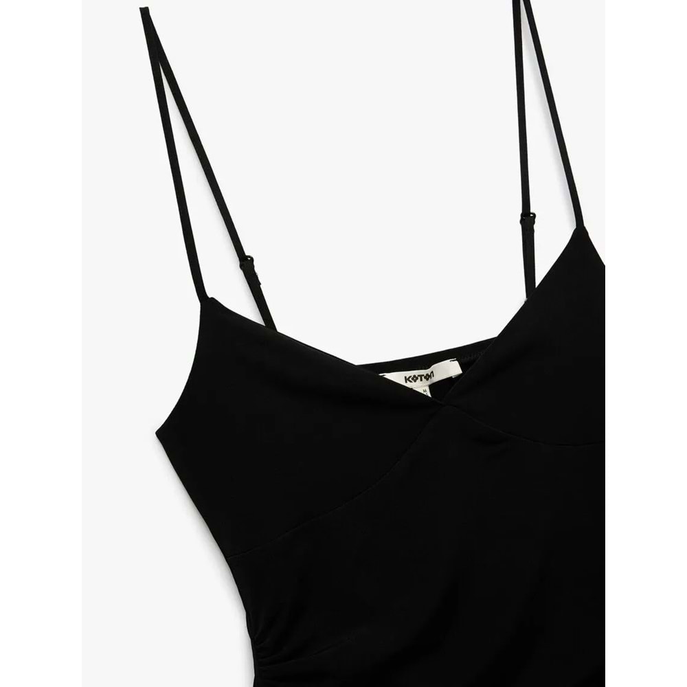 Skinny Fit Drapeli V Yaka İnce Askılı Bluz 5SAK10035EK - KOTON - SİYAH - L