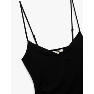 Skinny Fit Drapeli V Yaka İnce Askılı Bluz 5SAK10035EK - KOTON - SİYAH - L