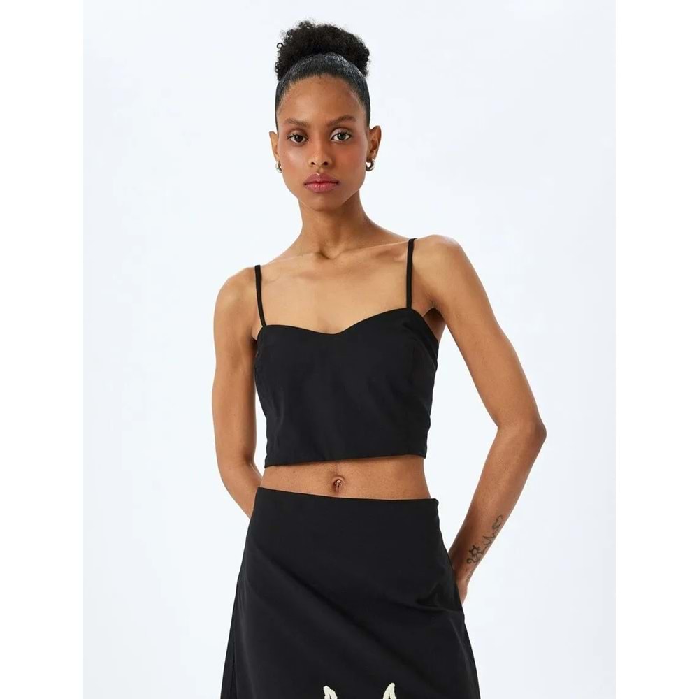 Pamuklu Slim Fit Gipeli İnce Askılı Crop Büstiyer 5SAK30004EW - KOTON - SİYAH - 34