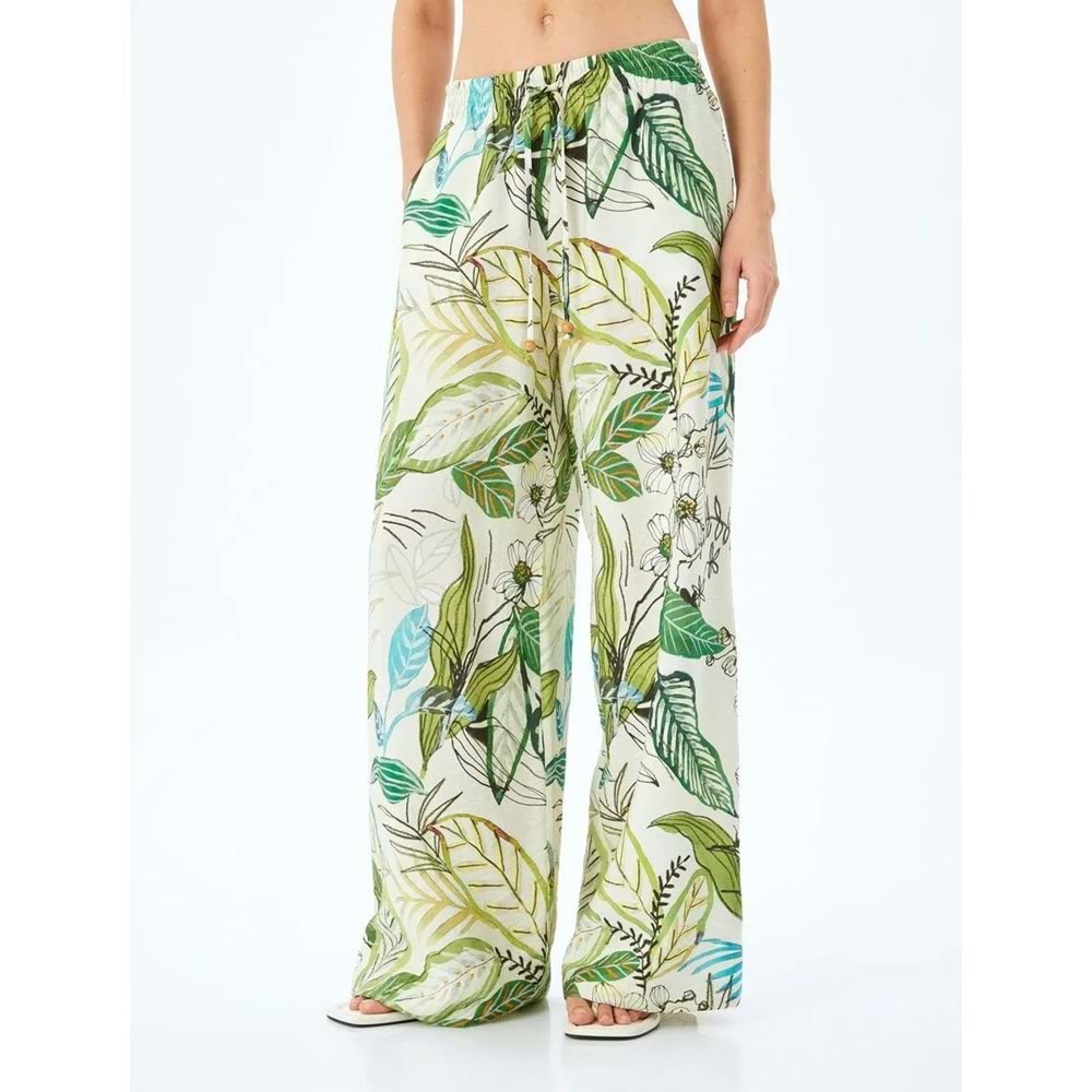 Floral Desenli Cepli Geniş Paça Viskon Pantolon 5SAK40089UW - KOTON - YEŞİL - 38