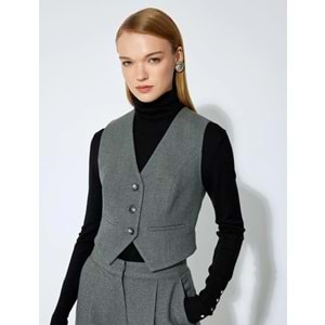 Kadın Giyim Koton X Şahika Ercümen - Düğmeli V Yaka Kruvaze Blazer Yelek 5WAK20360EW - KOTON - GRİ - 36