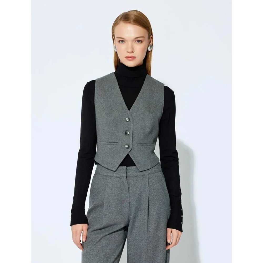 Kadın Giyim Koton X Şahika Ercümen - Düğmeli V Yaka Kruvaze Blazer Yelek 5WAK20360EW - KOTON - GRİ - 36
