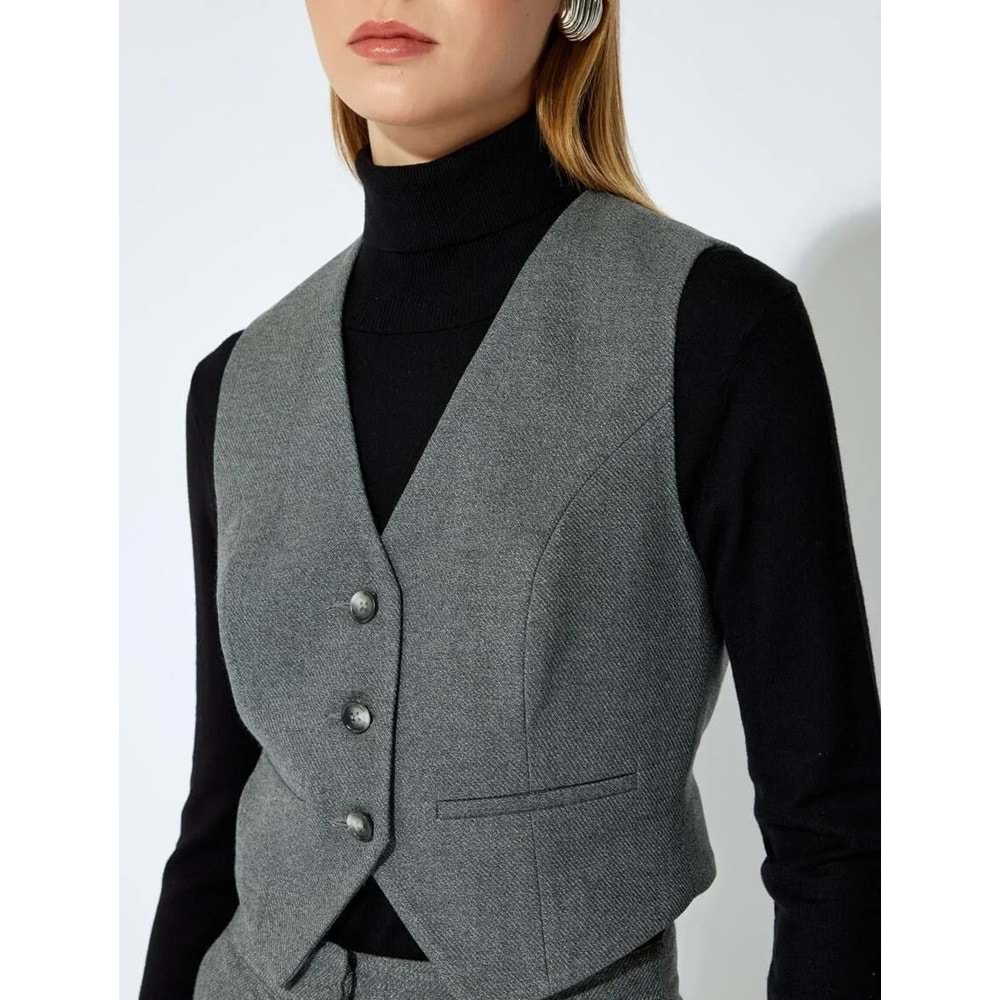 Kadın Giyim Koton X Şahika Ercümen - Düğmeli V Yaka Kruvaze Blazer Yelek 5WAK20360EW - KOTON - GRİ - 36