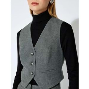 Kadın Giyim Koton X Şahika Ercümen - Düğmeli V Yaka Kruvaze Blazer Yelek 5WAK20360EW - KOTON - GRİ - 36