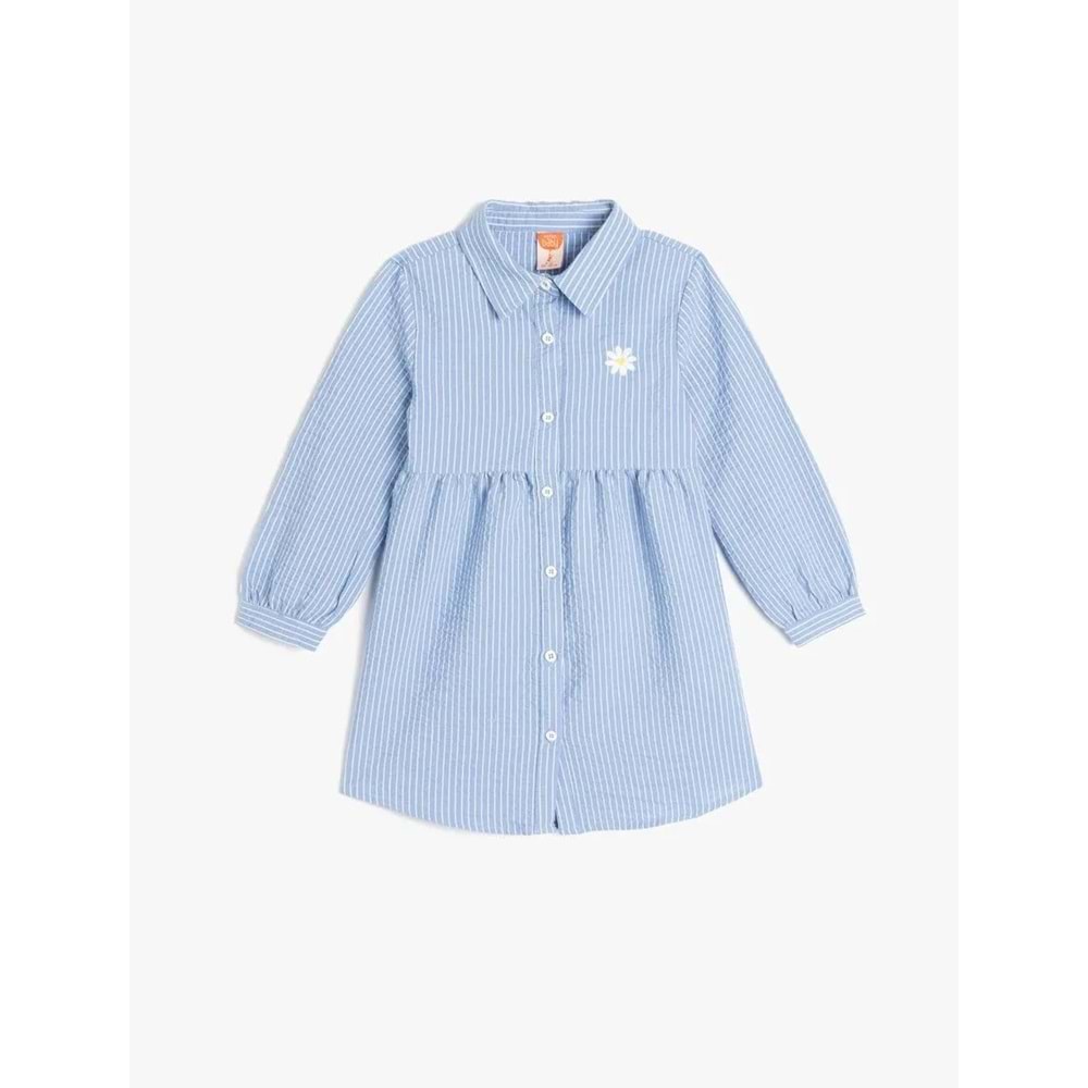 Kız Bebek Gömlek Yaka Uzun Kollu Nakış Detaylı Çizgili Elbise 5SMG80069AW - KOTON - MAVİ - 18-24 AY