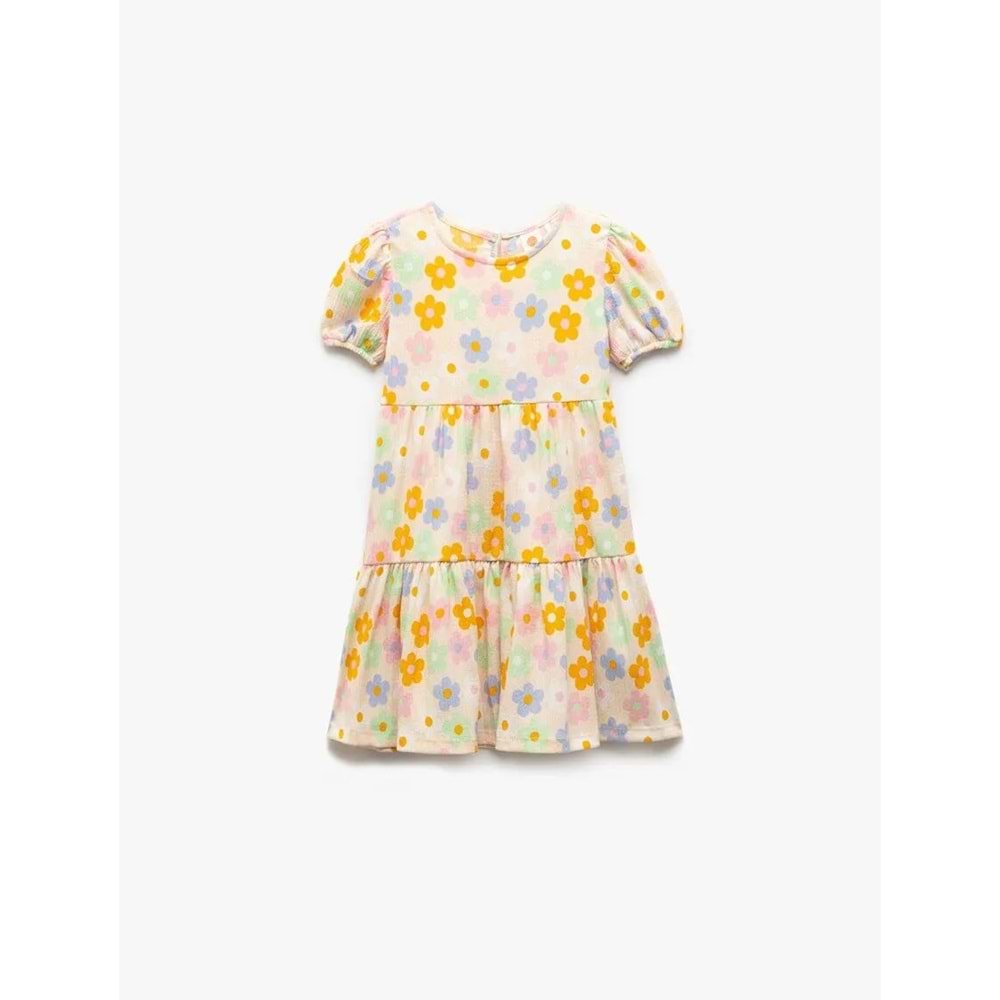 Kız Bebek Bisiklet Yaka Balon Kollu Katlı Çiçekli Elbise 5SMG80003AK - KOTON - BEJ - 12-18 AY