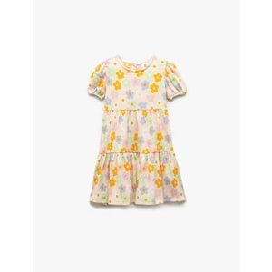 Kız Bebek Bisiklet Yaka Balon Kollu Katlı Çiçekli Elbise 5SMG80003AK - KOTON - BEJ - 12-18 AY