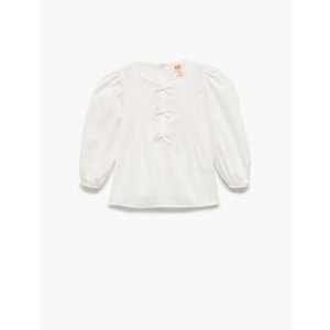 Kız Bebek Pamuklu Kurdele Detaylı Uzun Kollu Bisiklet Yaka Balon Kollu Bluz 5SMG60045AW - KOTON - BEYAZ - 9-12 AY