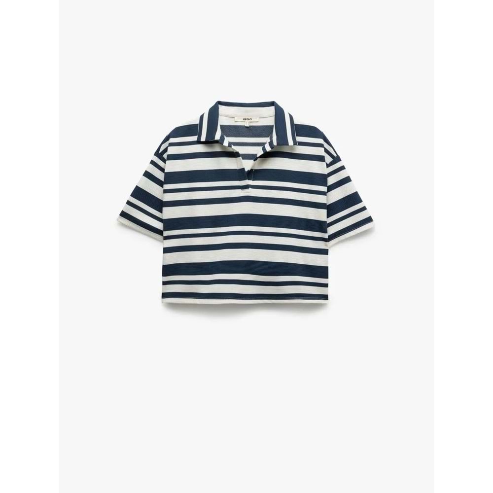 Rahat Kalıp Dokulu Kısa Kollu Polo Yaka Tişört 5SAK50220EK - KOTON - EKRU ÇİZGİLİ - XXL