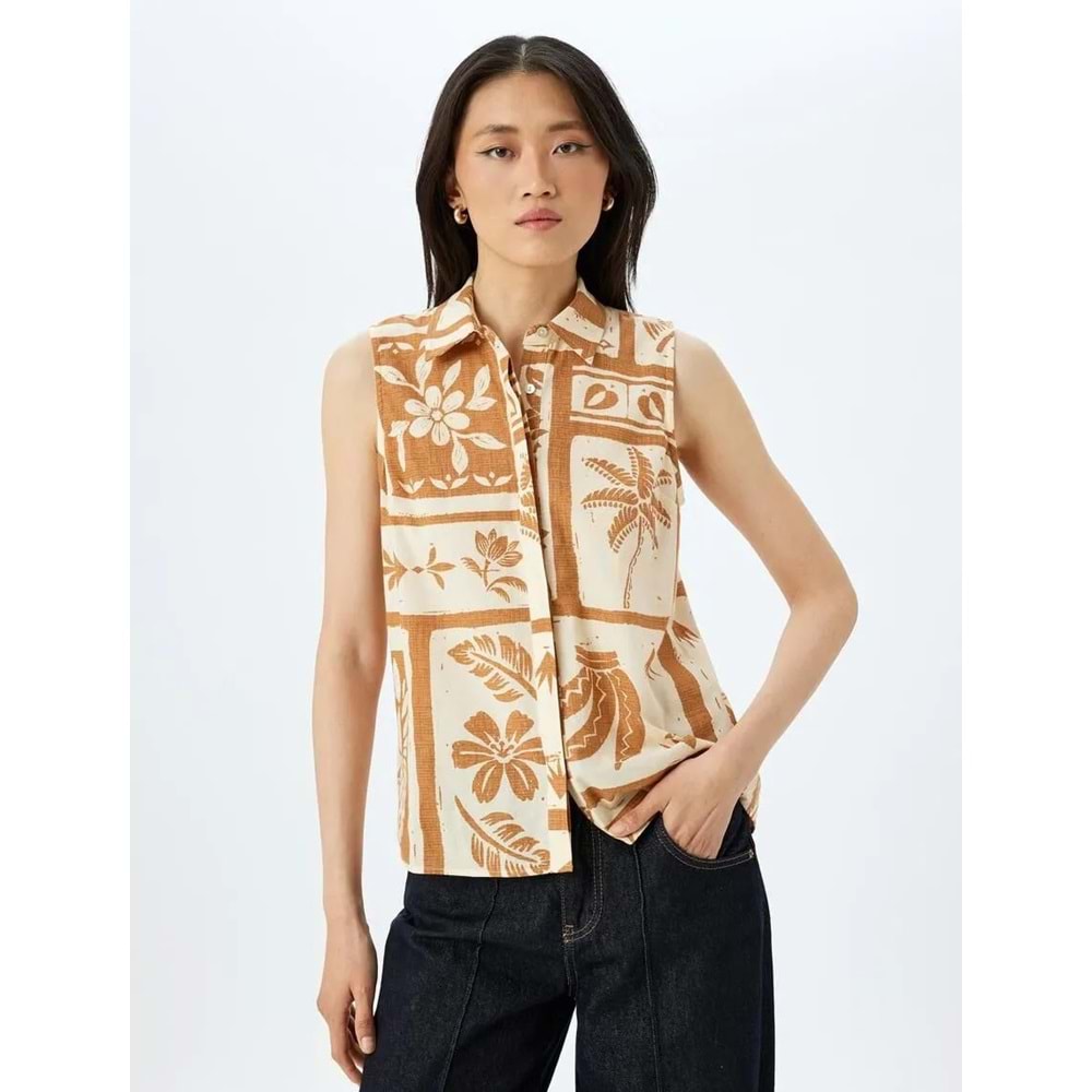 Pamuklu Klasik Yaka Floral Desenli Kolsuz Gömlek 5SAK60131UW - KOTON - TURUNCU - 38