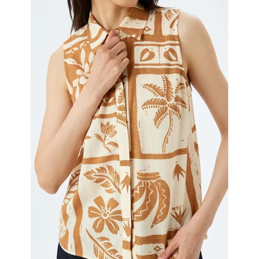 Pamuklu Klasik Yaka Floral Desenli Kolsuz Gömlek 5SAK60131UW - KOTON - TURUNCU - 38