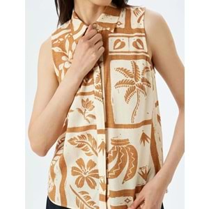 Pamuklu Klasik Yaka Floral Desenli Kolsuz Gömlek 5SAK60131UW - KOTON - TURUNCU - 38