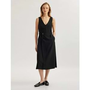 Krep Kumaş Kemerli Slim Fit Midi Boy V Yaka Elbise 5SAK80138UW - KOTON - SİYAH - 38