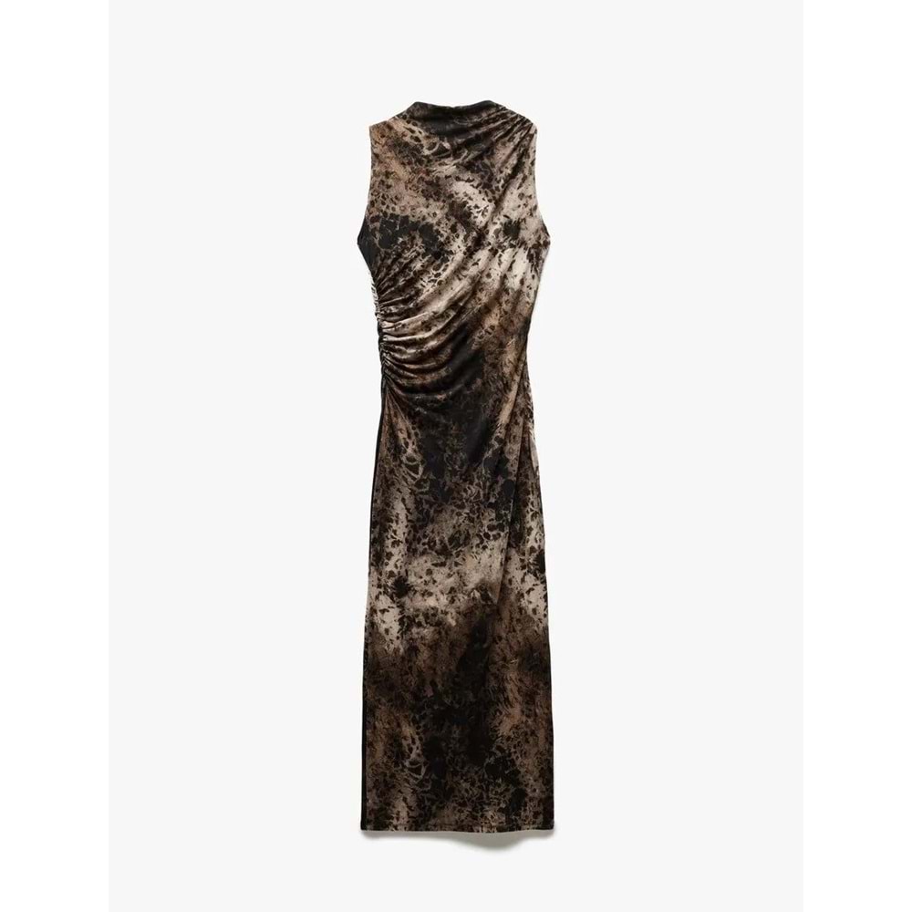 Drape Detaylı Yırtmaçlı Kolsuz Uzun Viskon Leopar Elbise 5SAK80299EK - KOTON - KAHVERENGİ - S