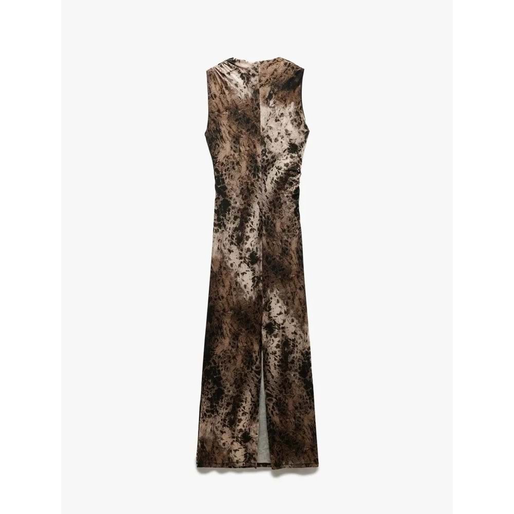 Drape Detaylı Yırtmaçlı Kolsuz Uzun Viskon Leopar Elbise 5SAK80299EK - KOTON - KAHVERENGİ - S