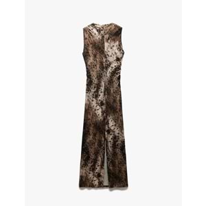 Drape Detaylı Yırtmaçlı Kolsuz Uzun Viskon Leopar Elbise 5SAK80299EK - KOTON - KAHVERENGİ - S