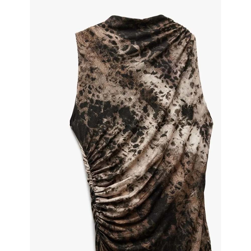 Drape Detaylı Yırtmaçlı Kolsuz Uzun Viskon Leopar Elbise 5SAK80299EK - KOTON - KAHVERENGİ - S