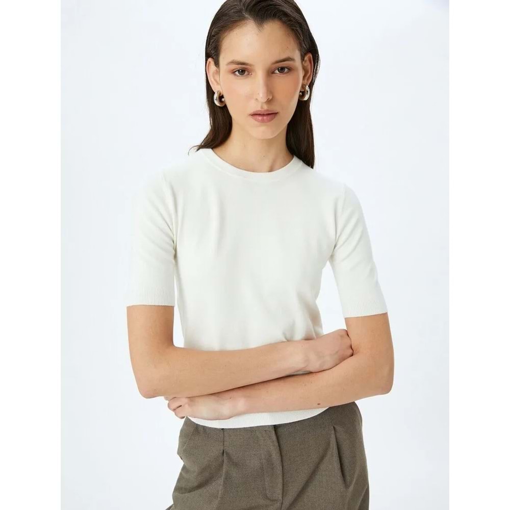 Bisiklet Yaka Kısa Kollu Basic Triko Kazak 5SAK90037HT - KOTON - EKRU - XL