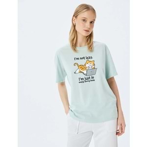 Kedi Baskılı Bisiklet Yaka Kısa Kollu Rahat Kalıp Tişört 5SAL10107IK - KOTON - MİNT - L
