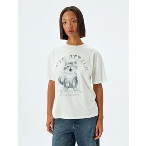 Oversize Tişört Kedi Baskılı Bisiklet Yaka Kısa Kollu Pamuklu 5SAL10132IK - KOTON - EKRU - S