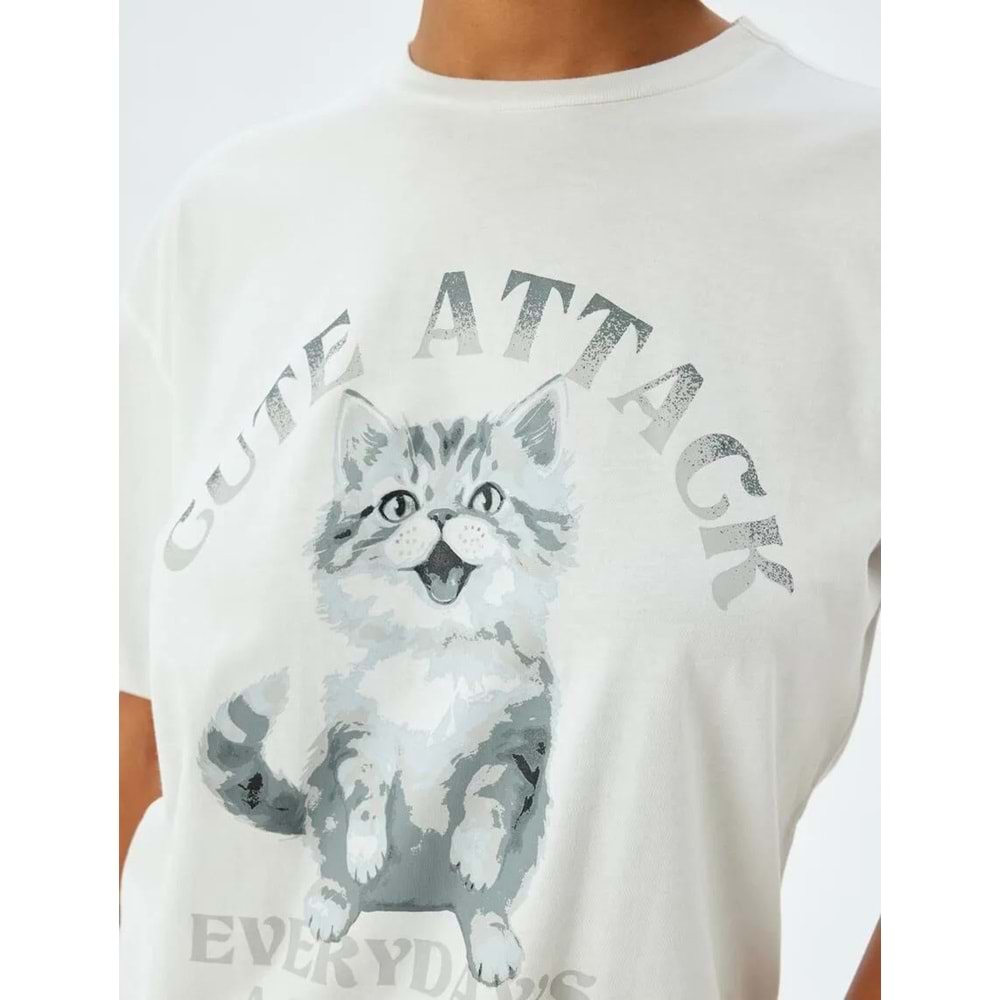 Oversize Tişört Kedi Baskılı Bisiklet Yaka Kısa Kollu Pamuklu 5SAL10132IK - KOTON - EKRU - S