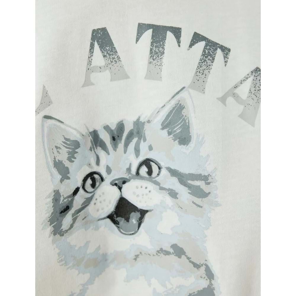 Oversize Tişört Kedi Baskılı Bisiklet Yaka Kısa Kollu Pamuklu 5SAL10132IK - KOTON - EKRU - S