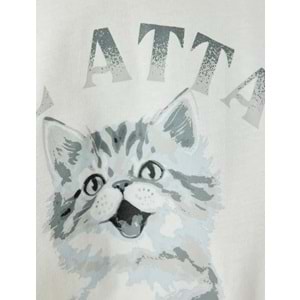 Oversize Tişört Kedi Baskılı Bisiklet Yaka Kısa Kollu Pamuklu 5SAL10132IK - KOTON - EKRU - S