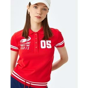 Polo Yaka Düğmeli Kolej Baskılı Biyeli Kısa Kollu Tişört 5SAL10219IK - KOTON - KIRMIZI - XS