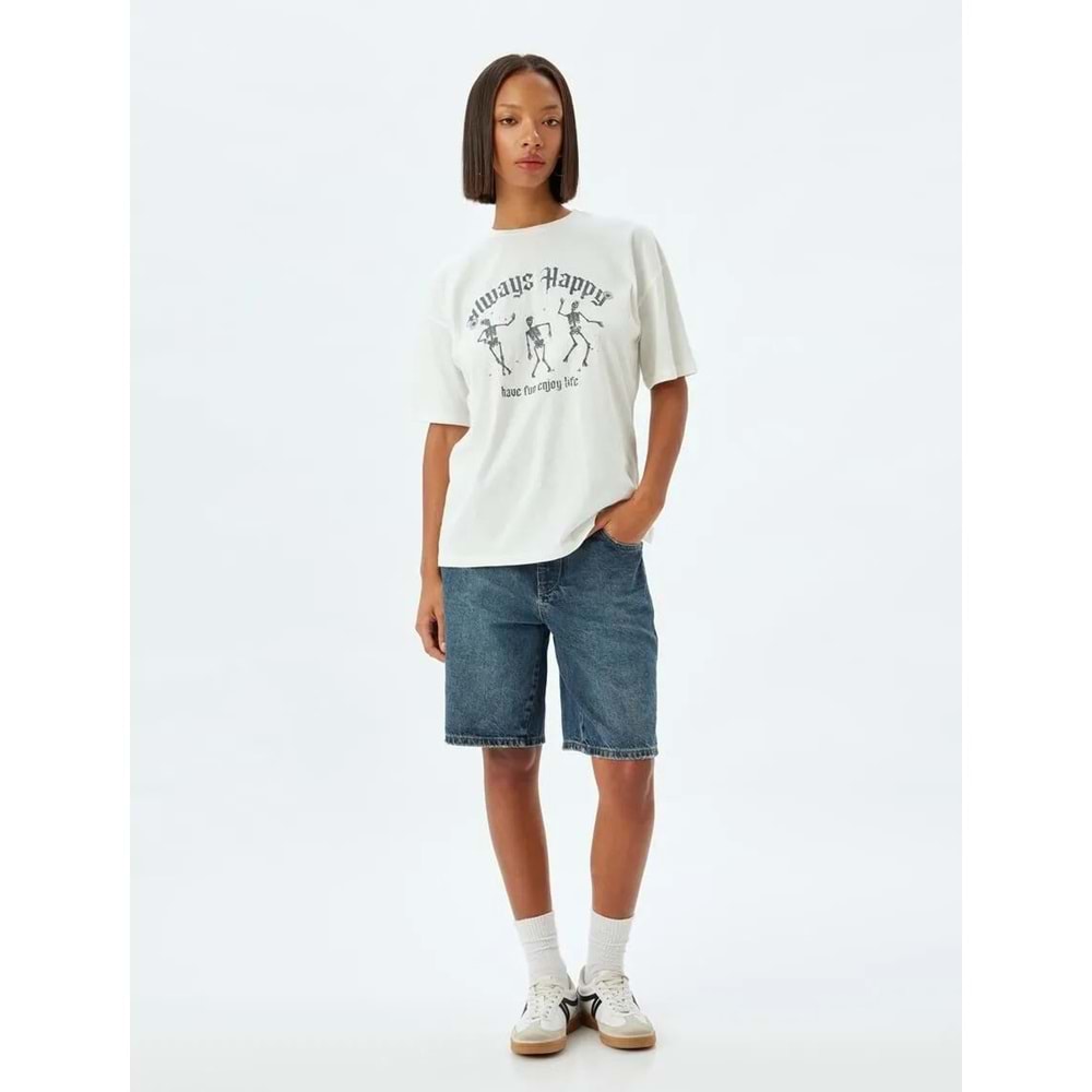 Oversize Tişört Slogan Baskılı Bisiklet Yaka Kısa Kollu Pamuklu 5SAL10234IK