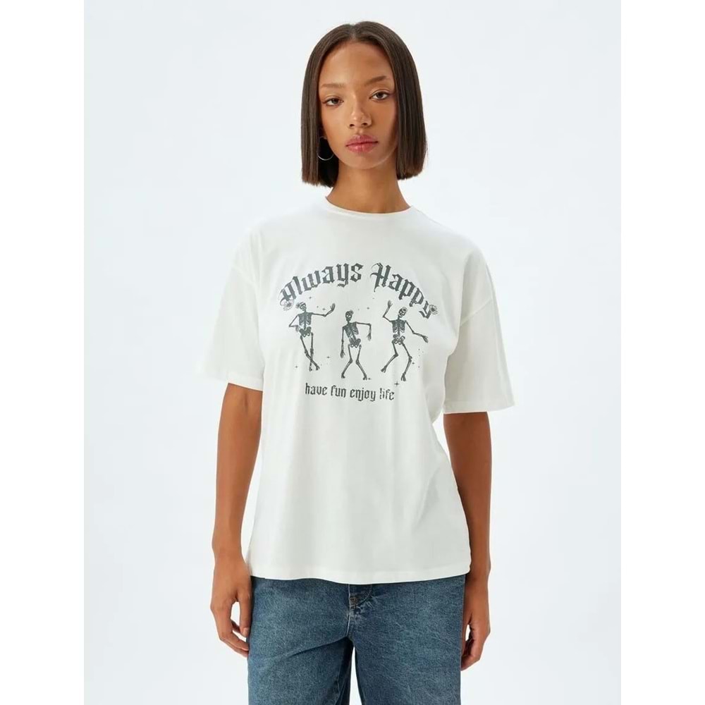 Oversize Tişört Slogan Baskılı Bisiklet Yaka Kısa Kollu Pamuklu 5SAL10234IK