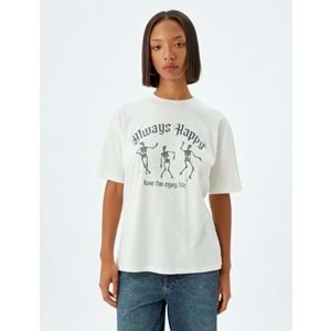 Oversize Tişört Slogan Baskılı Bisiklet Yaka Kısa Kollu Pamuklu 5SAL10234IK