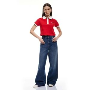 Pamuklu Düğmeli Polo Yaka Nakış Detaylı Kısa Kollu Tişört 5SAL10535IK - KOTON - KIRMIZI - XS