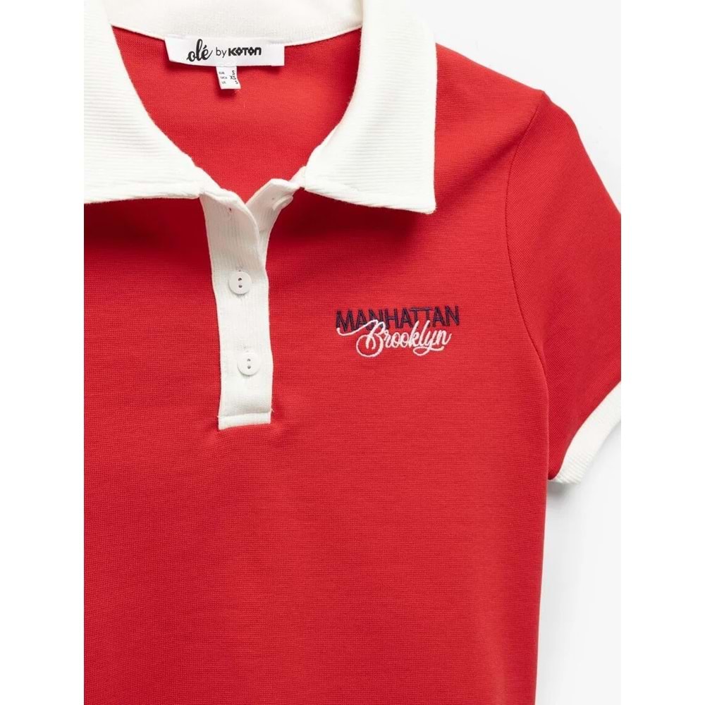 Pamuklu Düğmeli Polo Yaka Nakış Detaylı Kısa Kollu Tişört 5SAL10535IK - KOTON - KIRMIZI - XS