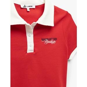Pamuklu Düğmeli Polo Yaka Nakış Detaylı Kısa Kollu Tişört 5SAL10535IK - KOTON - KIRMIZI - XS