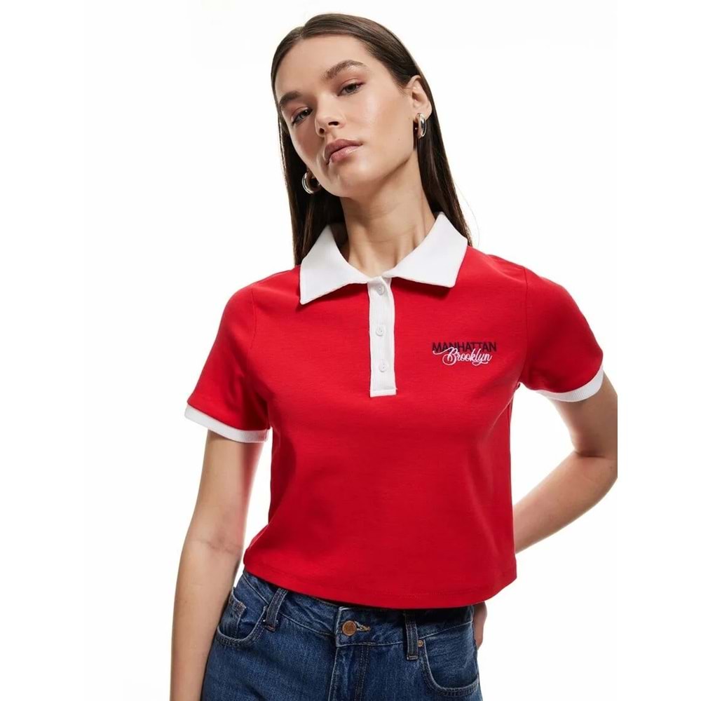 Pamuklu Düğmeli Polo Yaka Nakış Detaylı Kısa Kollu Tişört 5SAL10535IK - KOTON - KIRMIZI - XS