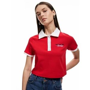 Pamuklu Düğmeli Polo Yaka Nakış Detaylı Kısa Kollu Tişört 5SAL10535IK - KOTON - KIRMIZI - XS