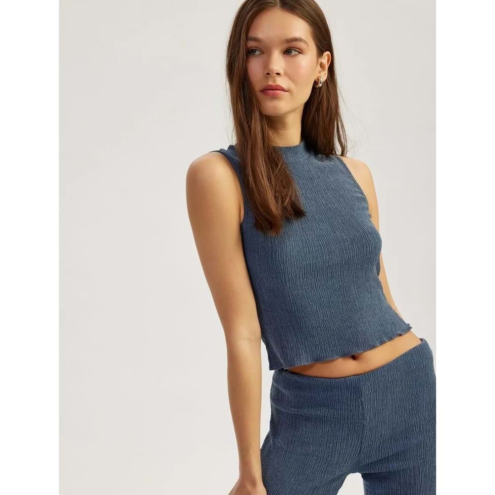 Slim Fit Bisiklet Yaka Kolsuz Bürümcük Crop Üst 5SAL30002IK - KOTON - MAVİ - XS
