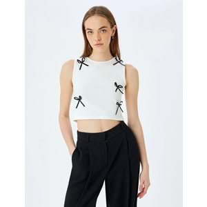 Fiyonklu Bisiklet Yaka Kolsuz Crop Üst 5SAL30063IK - KOTON - EKRU - XS