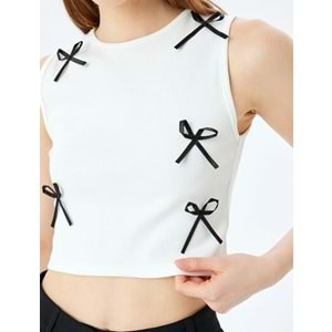 Fiyonklu Bisiklet Yaka Kolsuz Crop Üst 5SAL30063IK - KOTON - EKRU - XS