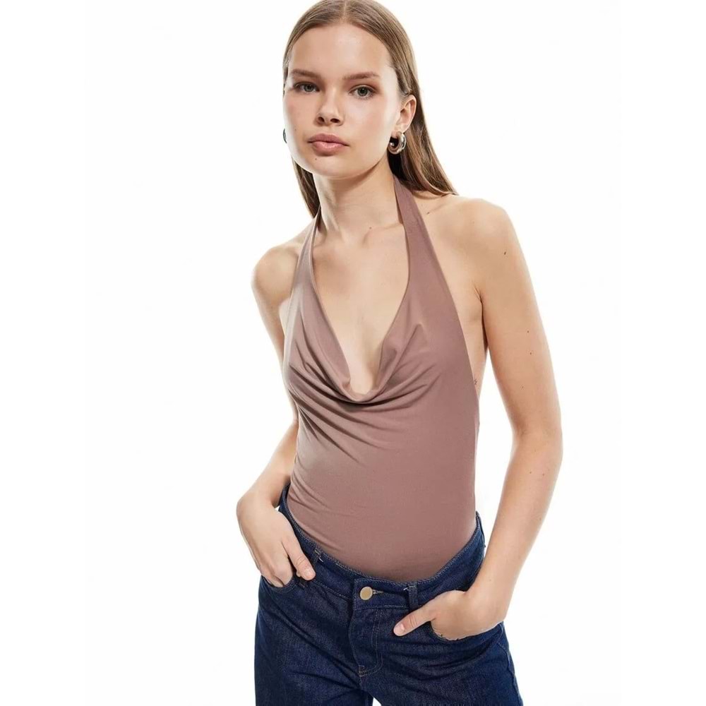 Degaje Yaka Kolsuz Slim Fit Bluz 5SAL30114IK - KOTON - KAHVERENGİ - XS
