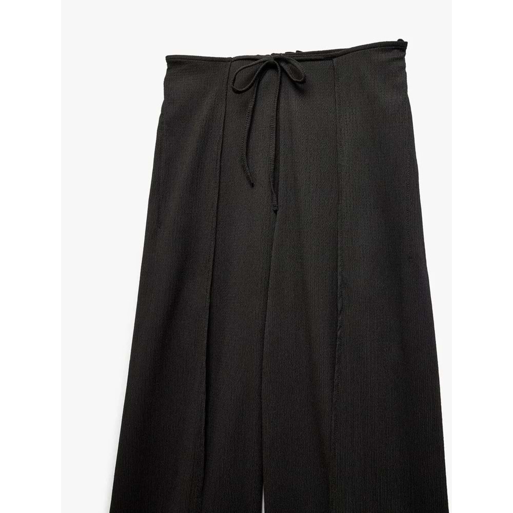 Bağlama Detaylı Rahat Kalıp Yırtmaçlı Geniş Paça Pantolon 5SAL40019IK - KOTON - SİYAH - XS