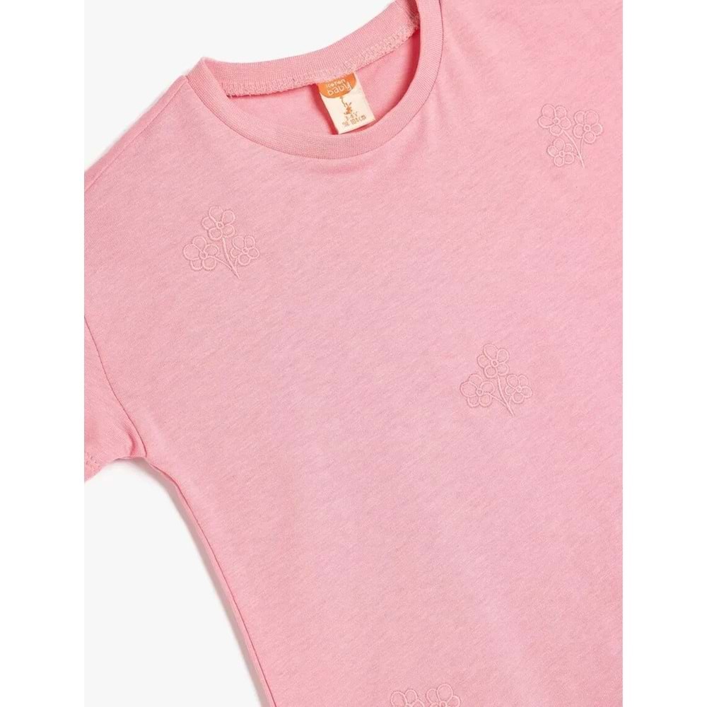 Kız Bebek Çiçek İşlemeli Kısa Kollu Pamuklu Basic Tişört 5SMG10063AK - KOTON - PEMBE - 12-18 AY