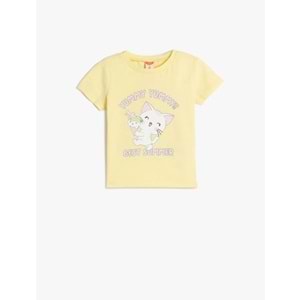 Kız Bebek Pamuklu Bisiklet Yaka Kedi Baskılı Kısa Kollu Tişört 5SMG10024AK - KOTON - SARI - 12-18 AY