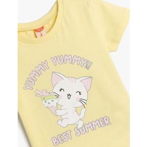 Kız Bebek Pamuklu Bisiklet Yaka Kedi Baskılı Kısa Kollu Tişört 5SMG10024AK - KOTON - SARI - 12-18 AY
