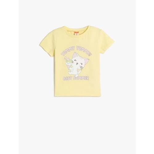 Kız Bebek Pamuklu Bisiklet Yaka Kedi Baskılı Kısa Kollu Tişört 5SMG10024AK - KOTON - SARI - 24-36 AY