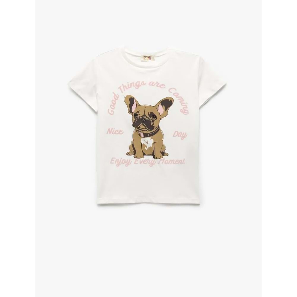 Kız Çocuk Bisiklet Yaka Pamuklu Köpek Baskılı Kısa Kollu Tişört - KOTON - EKRU - 4-5 YAŞ